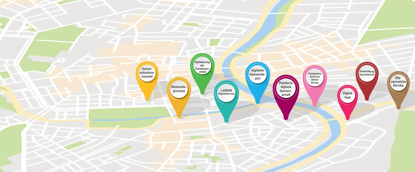 Darstellung der digitalen Roadmap auf einer Landkarte mit Ortsmarkern